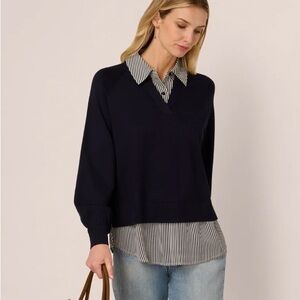 Adrianna Papell Navy and White 2-in-1 Blouse